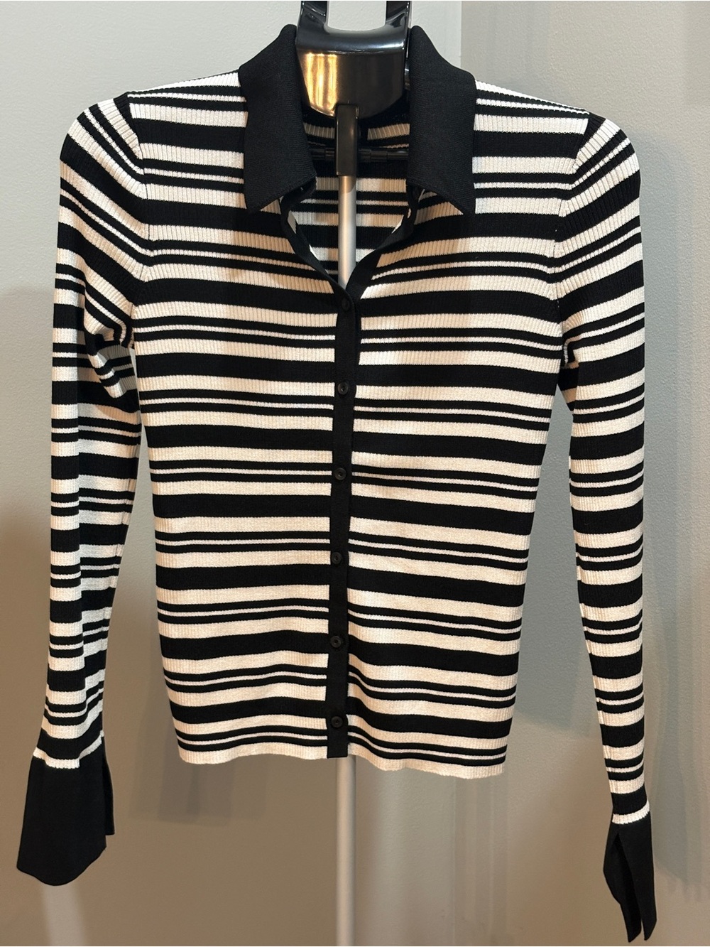 Express Black and White Striped Button-Down Polo Cardigan